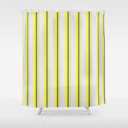 [ Thumbnail: Dim Grey, Yellow & Lavender Colored Striped Pattern Shower Curtain ]