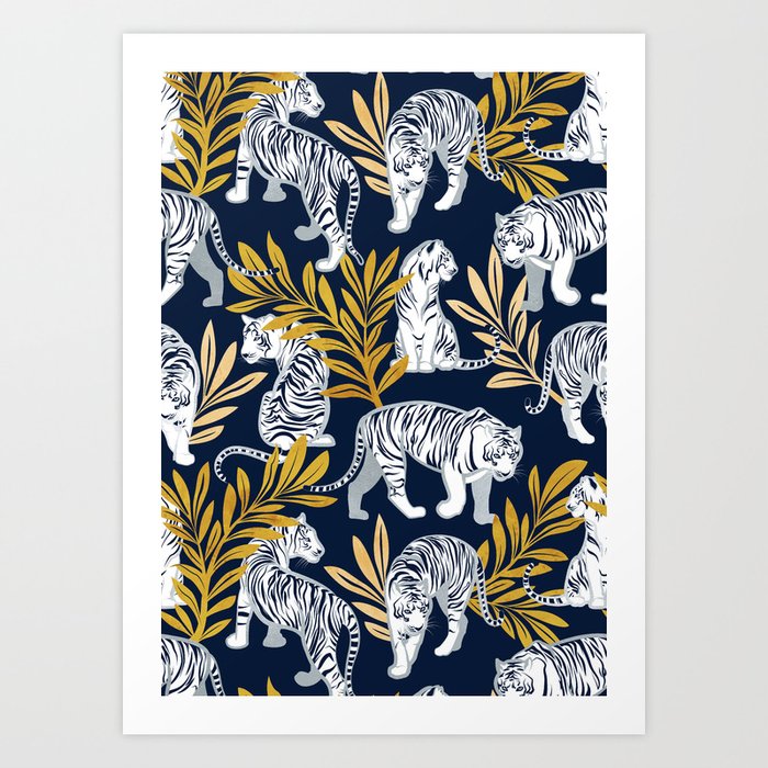 Nouveau white tigers // navy blue background yellow leaves silver lines white animals Art Print