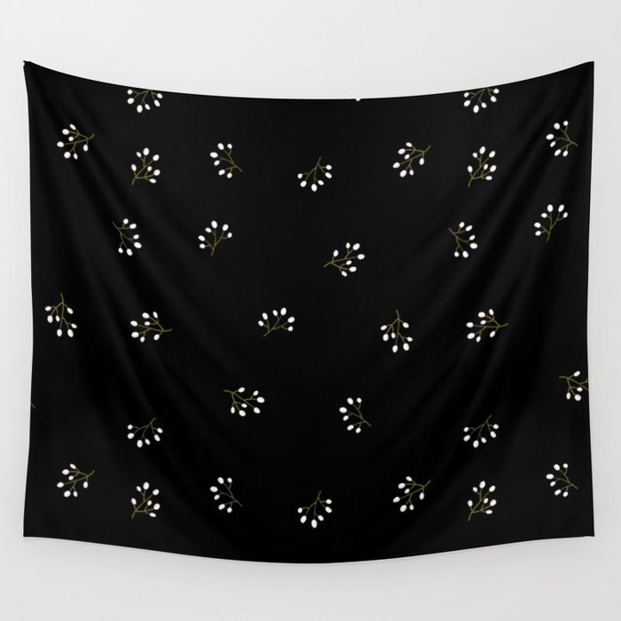 Rowan Branches Seamless Pattern on Black Background Wall Tapestry