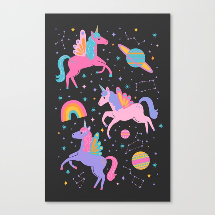 Space Unicorns - Neon Rainbow on Black Canvas Print