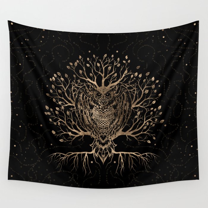 The Golden Owl Tree Wall Tapestry