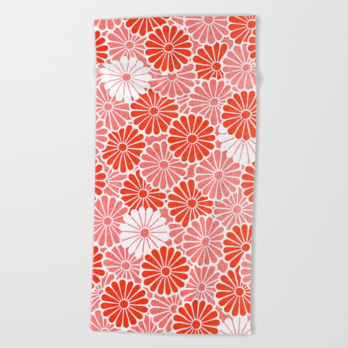 Retro Japanese Flowers Red and White Beach Towel by eye4designs