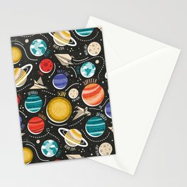 Paper space adventure I // black background multicoloured solar system paper cut planets origami paper spaceships and rockets  Stationery Card