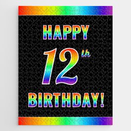 [ Thumbnail: Fun, Colorful, Rainbow Spectrum “HAPPY 12th BIRTHDAY!” Jigsaw Puzzle ]