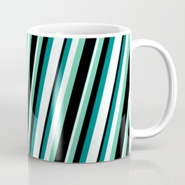 [ Thumbnail: Aquamarine, Black, Teal, and Mint Cream Colored Lined Pattern Coffee Mug ]