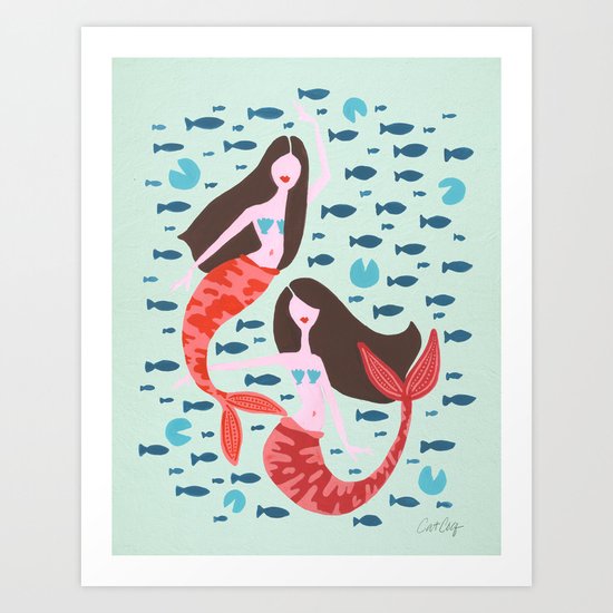 Koi Mermaids on Mint Art Print