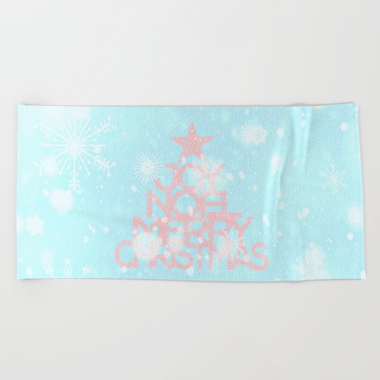 Joy,Noel,Merry Christmas and Star pattern - pink on aqua Beach Towel