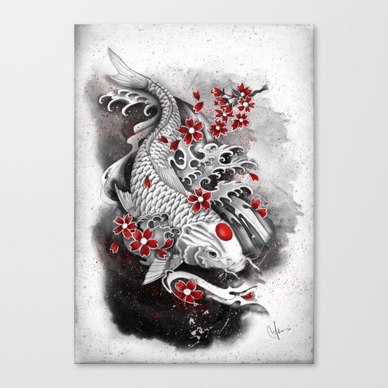 White Koi and sakuras Canvas Print