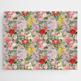 Lush Summer Garden - Vintage Botanical Illustration Collage on Pink Hibiscus color Jigsaw Puzzle