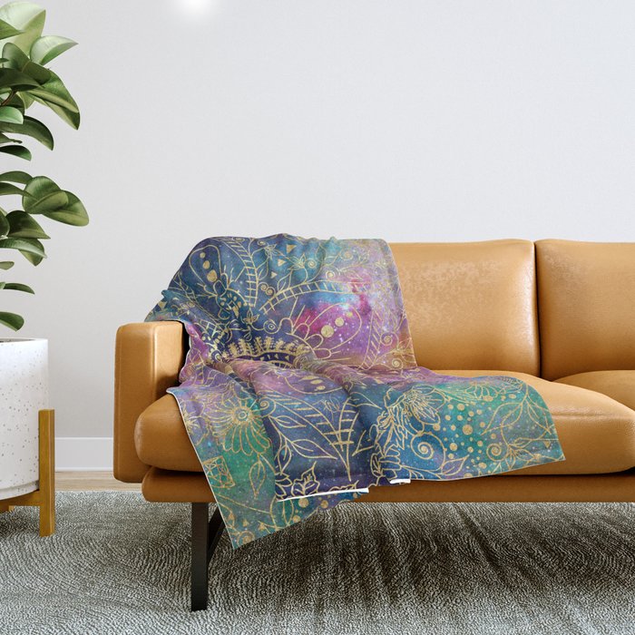 Gold watercolor and nebula mandala Throw Blanket