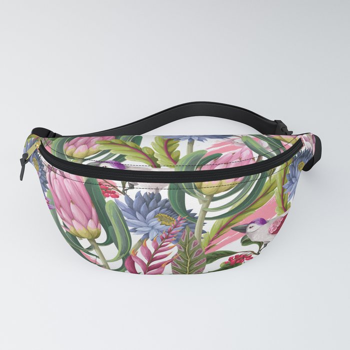 Seamless pattern with protea, tropical flowers and birds. Trendy floral vintage design Fanny Pack