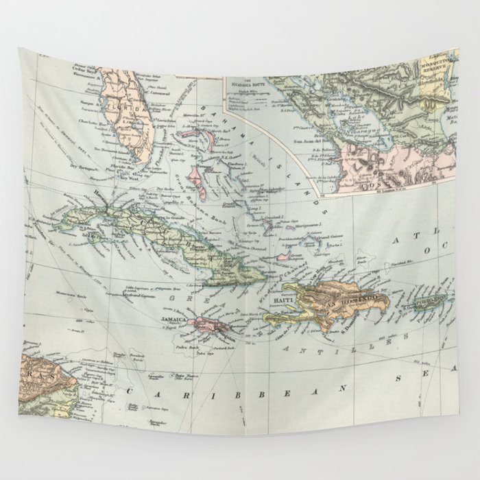 Vintage Map of The Caribbean (1892) Wall Tapestry by BravuraMedia 
