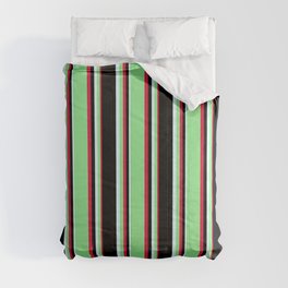 [ Thumbnail: Crimson, Light Green, Light Cyan, and Black Colored Pattern of Stripes Comforter ]