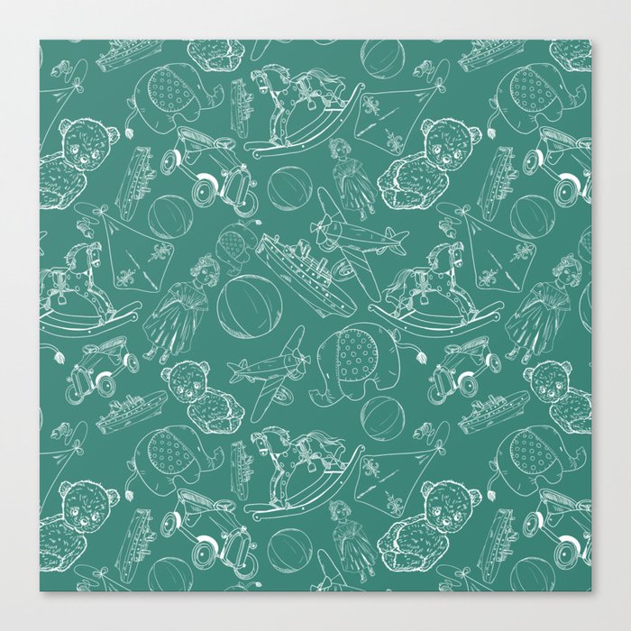 Green Blue and White Toys Outline Pattern Canvas Print