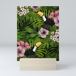 Toucans and tropical flora, green and pink Mini Art Print