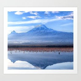 Beautiful View Of Mt. Kilimanjaro with Pink Flamingos In the Lake Art Print