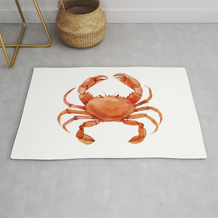 Watercolor Red Crab on White Minimalist Coastal Art - Treasures of the Sea Collection Rug