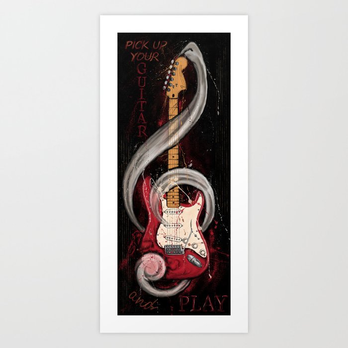 Red and ivory bass guitar splatter art on black Art Print