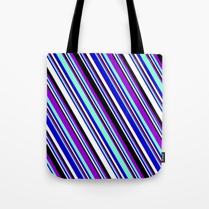 Vibrant Dark Violet, Aquamarine, Blue, White, and Black Colored Striped/Lined Pattern Tote Bag