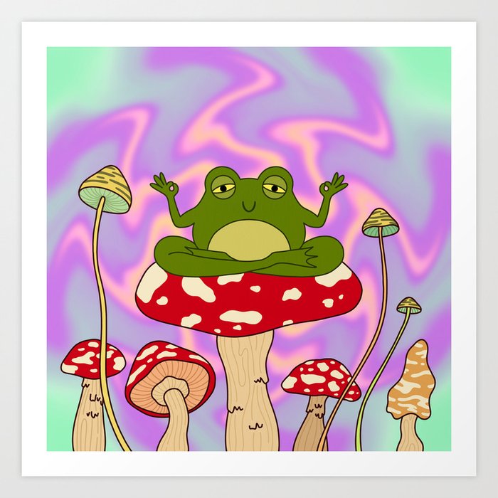 Frog in Psychedelic Mushrooms Trippy Art Print