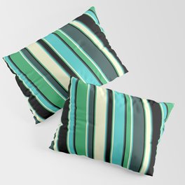 [ Thumbnail: Colorful Dark Slate Gray, Turquoise, Light Yellow, Sea Green, and Black Colored Lined Pattern Pillow Sham ]