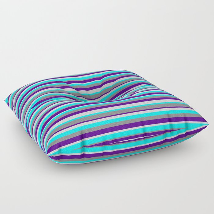 Grey, Indigo, Light Gray, and Cyan Colored Striped Pattern Floor Pillow