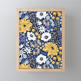 Boho garden // oxford navy blue background background very peri pastel blue yellow ivory and white flowers  Framed Mini Art Print