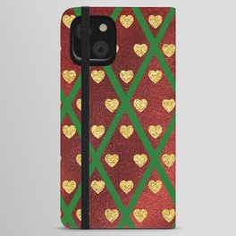 Gold Hearts on a Red Shiny Background with Green Crisscross Lines  iPhone Wallet Case