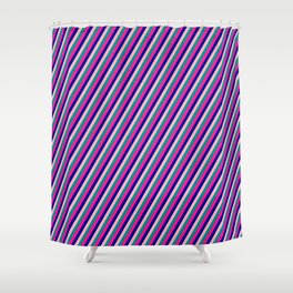 [ Thumbnail: Dark Blue, Light Pink, Dark Cyan & Deep Pink Colored Lines/Stripes Pattern Shower Curtain ]