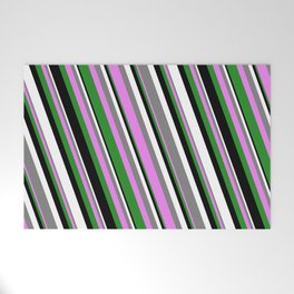 [ Thumbnail: Colorful Gray, Violet, Forest Green, Black & White Colored Striped Pattern Welcome Mat ]