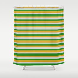 [ Thumbnail: Light Grey, Forest Green & Goldenrod Colored Stripes/Lines Pattern Shower Curtain ]