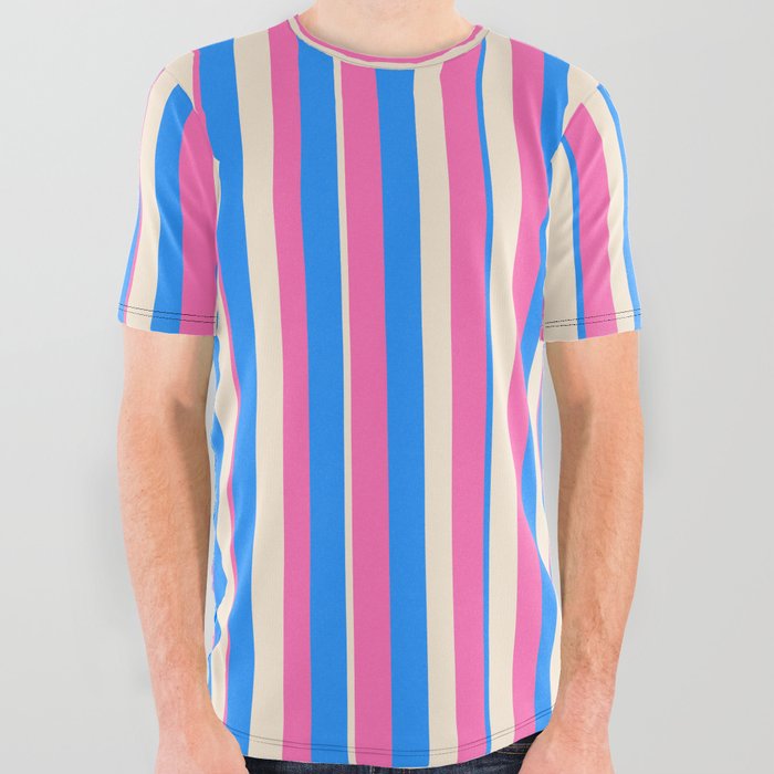 Blue, Beige & Hot Pink Colored Pattern of Stripes All Over Graphic Tee
