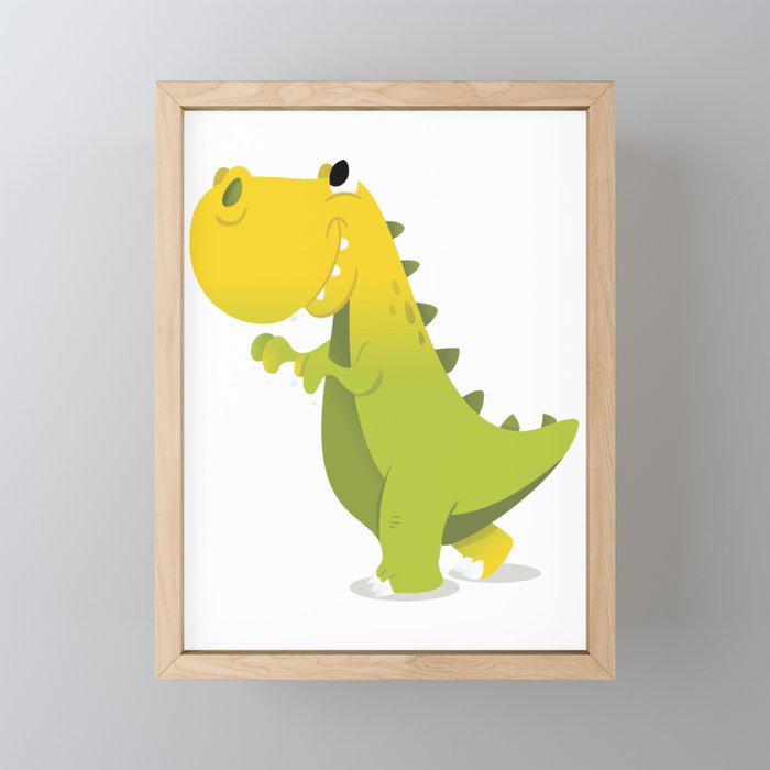 Happy Cartoon Green T-Rex Dinosaur Framed Mini Art Print