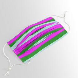 [ Thumbnail: Fuchsia, Green, and Powder Blue Colored Lines/Stripes Pattern Face Mask ]