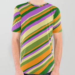 [ Thumbnail: Tan, Green, Dark Orange, Dark Green & Orchid Colored Lines Pattern All Over Graphic Tee ]