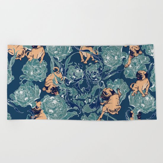 Climbing Pug & Floral Beach Towel