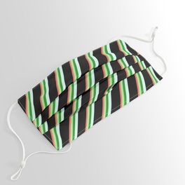 [ Thumbnail: Red, Green, Forest Green, Light Cyan, and Black Colored Stripes/Lines Pattern Face Mask ]
