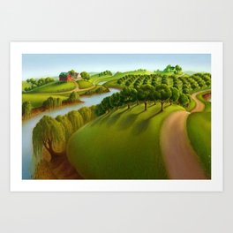 American River Valley, Orchard, Homestead, and River landscape painting by Grant Wood Art Print