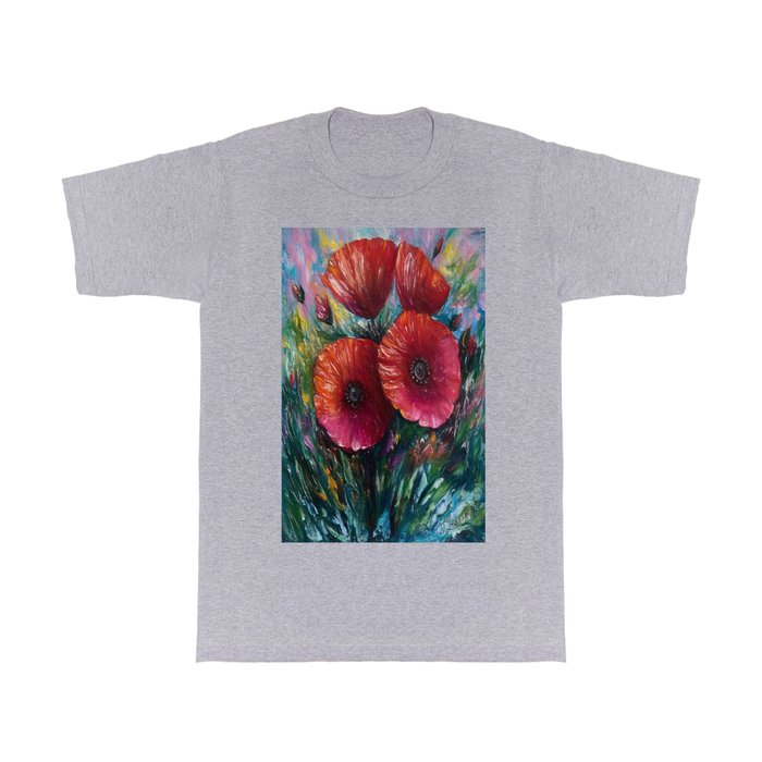 Bold and Expressive: Red Poppies Oil Painting with a Palette Knife T Shirt