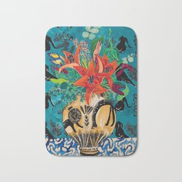 Amphitrite: Orange Lily and Wildflower Bouquet in Lion and Giraffe Urn on Emerald Matisse Inspired Wallpaper Bath Mat | Greek, Painting, Bloom, Mythology, Coral, Lily, Classical, Matisse, Lion, Flower 