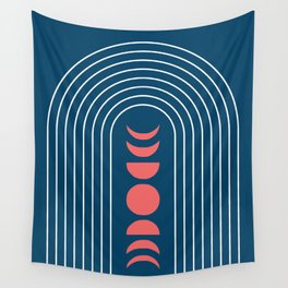 Geometric Lines in night Blue and Coral (Rainbow Moon Phases Abstract) Wall Tapestry