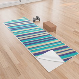 [ Thumbnail: Dark Turquoise, Tan, and Dark Slate Blue Colored Lines/Stripes Pattern Yoga Towel ]
