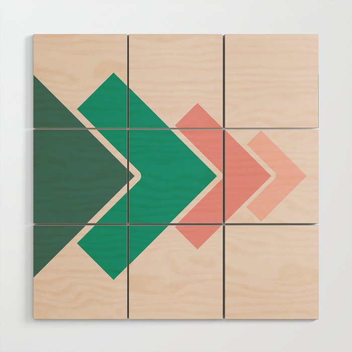 Retro Geometric Arrows Layered Squares- Pinks and Greens- Horizontal Wood Wall Art