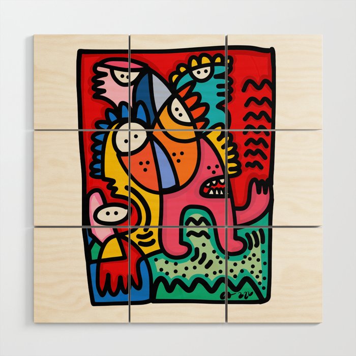 Colorful and Funny Graffiti Creature with a Red Sky By Emmanuel Signorino Wood Wall Art