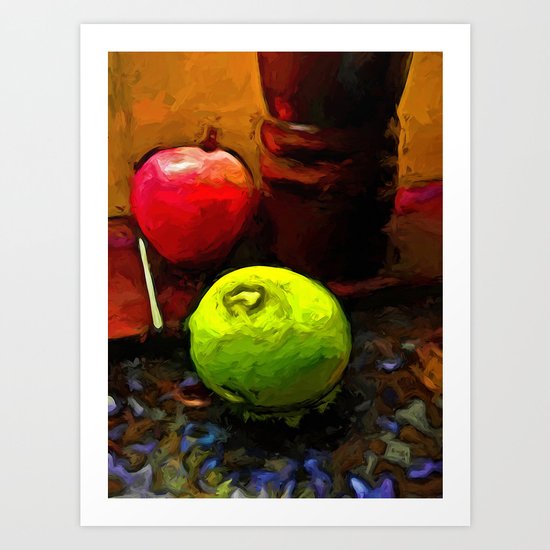 Green Lime with Red Apple and Brown Pepper Grinder Art Print