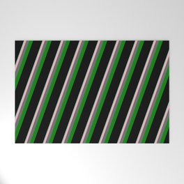 [ Thumbnail: Vibrant Aquamarine, Light Pink, Dim Gray, Green & Black Colored Lined/Striped Pattern Welcome Mat ]