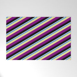 [ Thumbnail: Vibrant Blue, Tan, Purple, Black, and White Colored Pattern of Stripes Welcome Mat ]