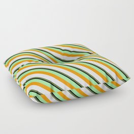 [ Thumbnail: Colorful Green, Dark Orange, Lavender, Dark Olive Green, and Black Colored Lined Pattern Floor Pillow ]