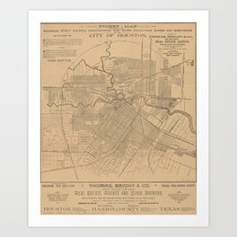 Vintage Houston Texas Railroad Map (1890) Art Print