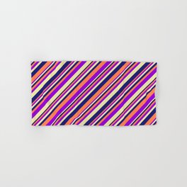 [ Thumbnail: Coral, Dark Violet, Pale Goldenrod, and Midnight Blue Colored Lined/Striped Pattern Hand & Bath Towel ]